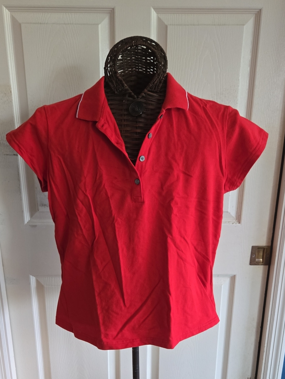 PGA Tour Women's Red Button-Down Polo with White Trim-Size XL